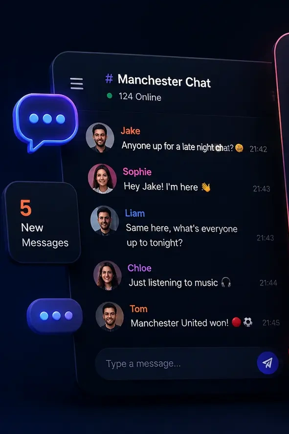 Manchester chat room interface with user messages and new message notification
