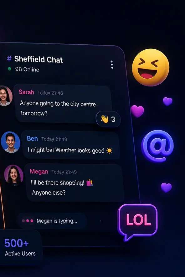 Sheffield chat room interface with local conversation and active users