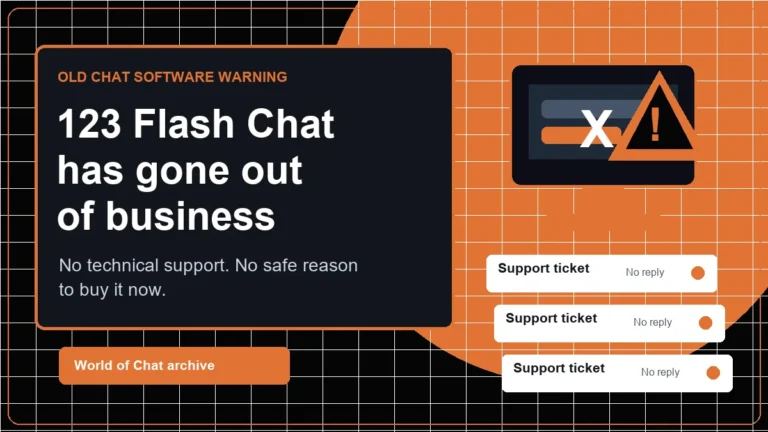 Graphic showing 123 Flash Chat has gone out of business with no technical support and unanswered support tickets