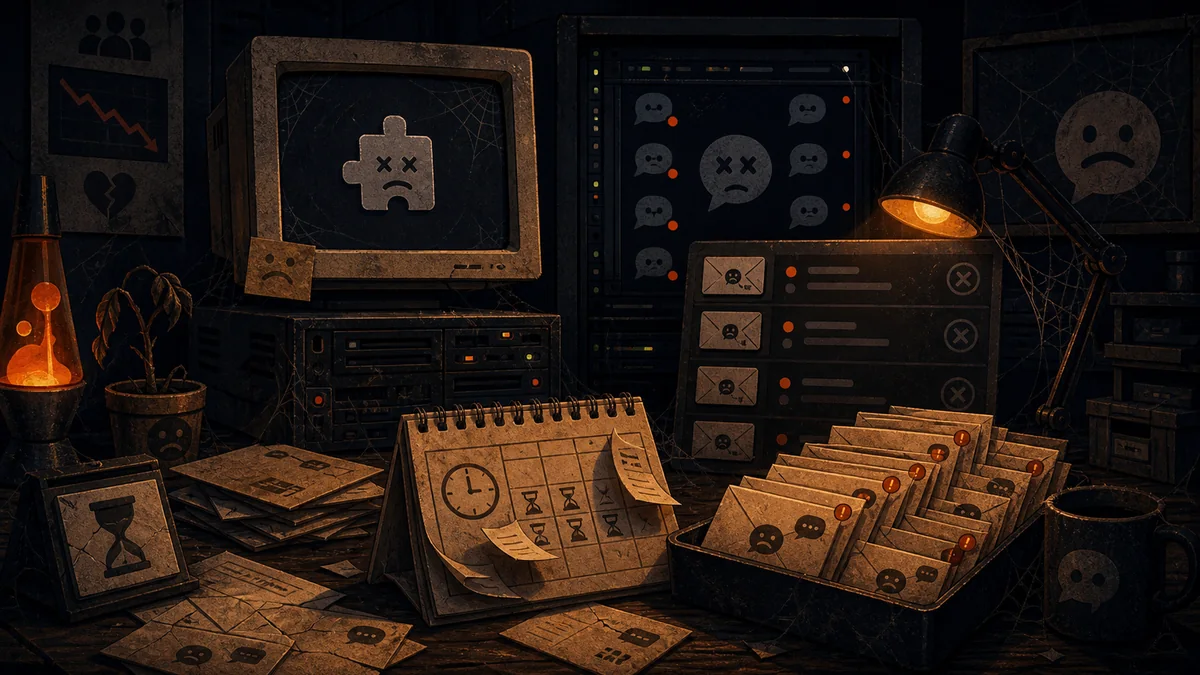 Dusty computer desk with dead chat icons, unanswered message envelopes and a broken plug-in symbol