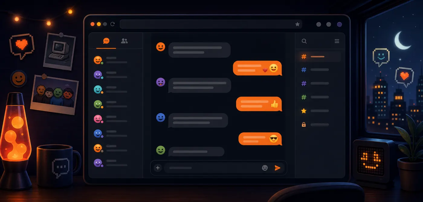 Illustration of a friendly online chat room interface with orange message bubbles and retro chat room details