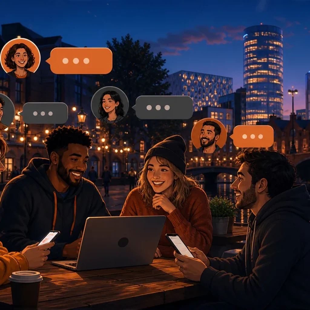 People using phones and a laptop beside a Birmingham canal at dusk