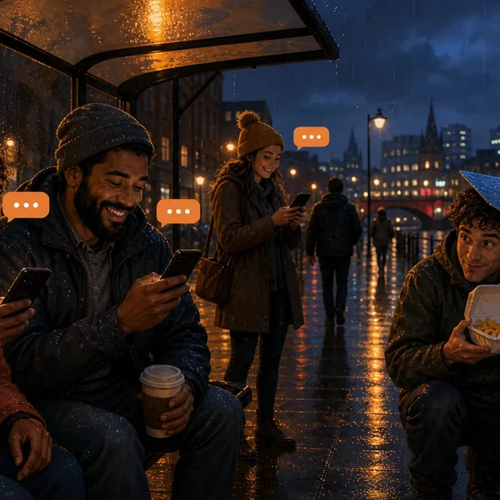 People smiling at phones near a rainy Birmingham canal walkway
