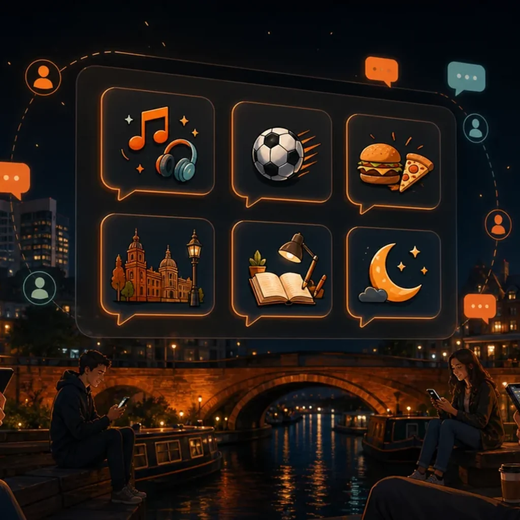 People using phones near a Birmingham canal with topic icons above them