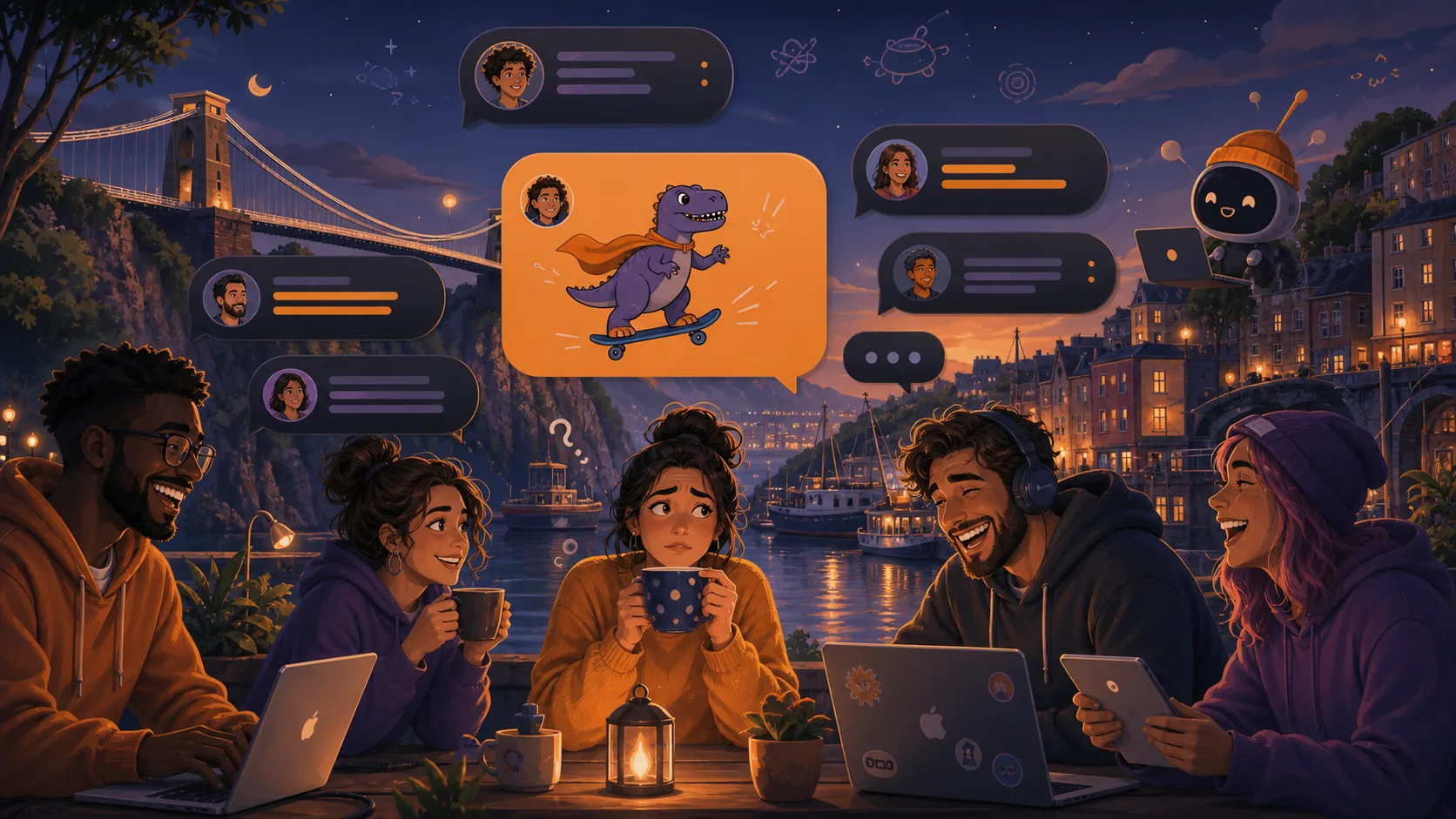 People chatting by Bristol harbour at dusk