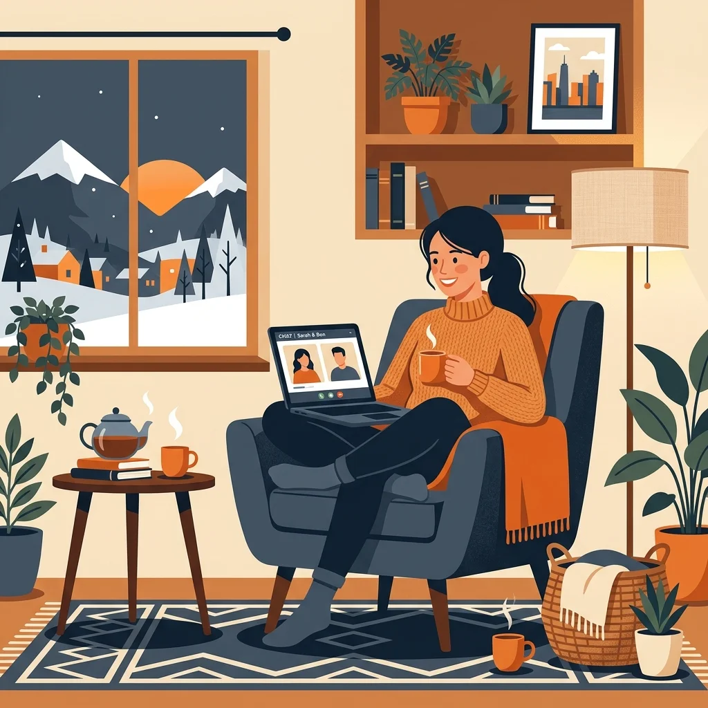 Person relaxing with a cup of tea while chatting online