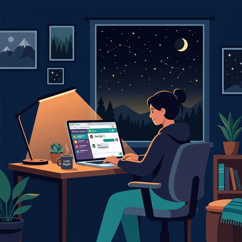 Person working from home late at night using chat rooms for social connection
