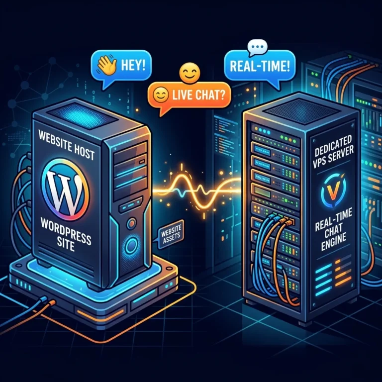 Cartoon vector diagram showing Website WordPress host tower communicating with dedicated VPS chat server for websocket traffic
