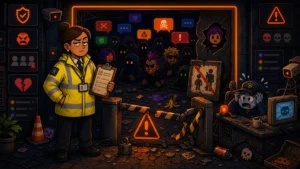 Featured image showing an online safety inspection scene with a chaotic chat room entrance, warning symbols and broken barriers.