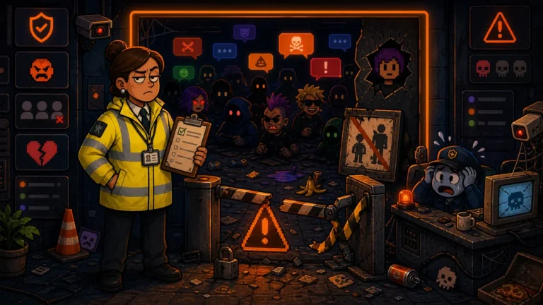 Featured image showing an online safety inspection scene with a chaotic chat room entrance, warning symbols and broken barriers.