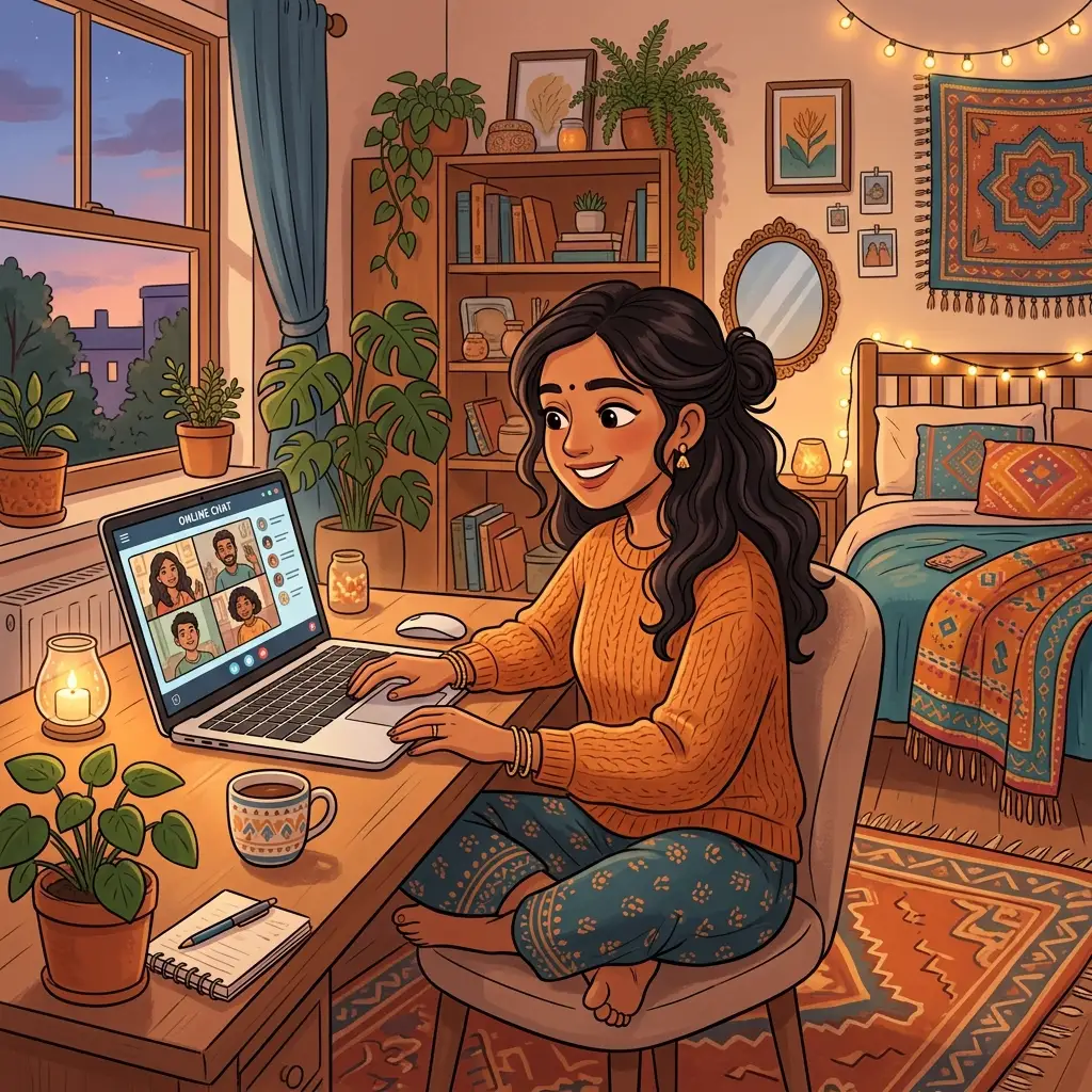 Young South Asian woman using Desi chat rooms on a laptop at home in the evening