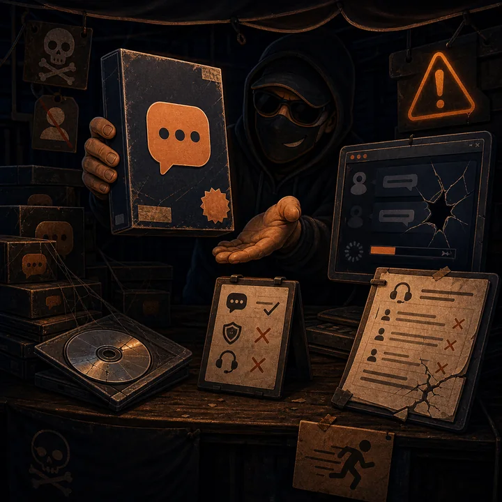 Hooded seller holding an old chat software box beside cracked support forms and warning signs