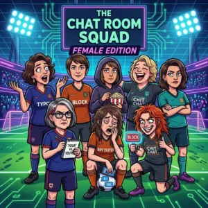 Cartoon lineup of female chat room personalities on a neon football pitch