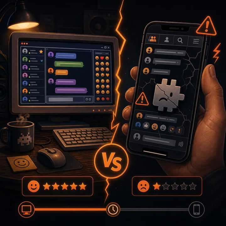 Desktop chat screen working beside a cracked mobile chat screen with warning icons