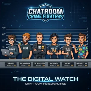 Cartoon style lineup of various chat room male personalities styled as a police lineup under blue neon lights