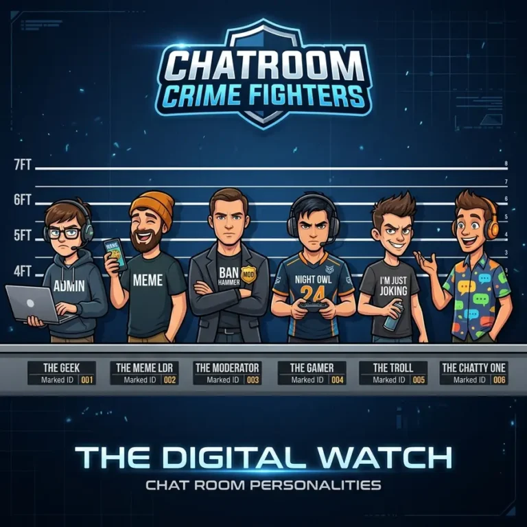 Cartoon style lineup of various chat room male personalities styled as a police lineup under blue neon lights