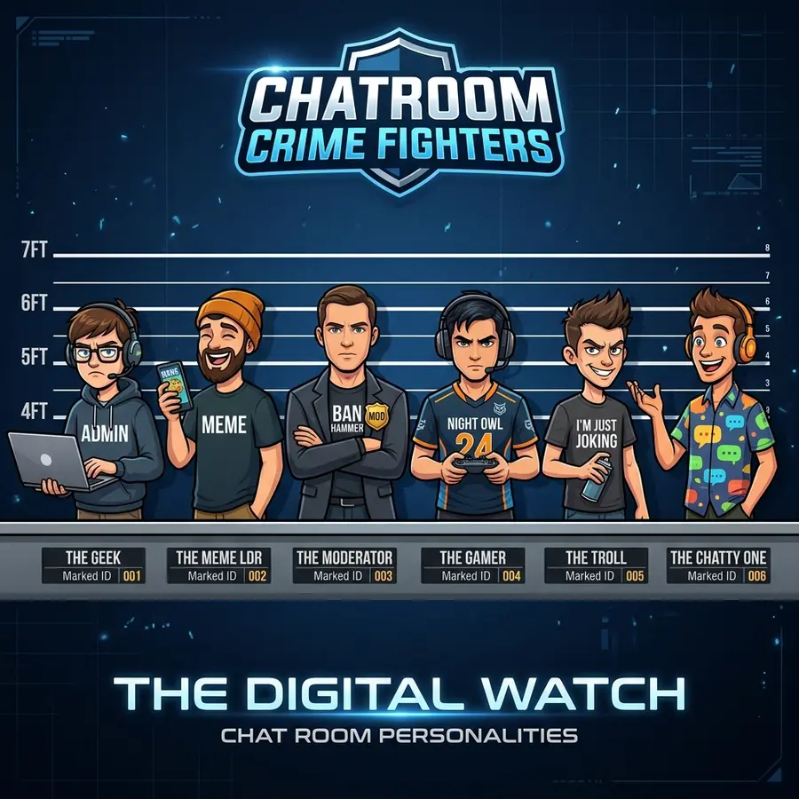 Cartoon style lineup of various chat room male personalities styled as a police lineup under blue neon lights