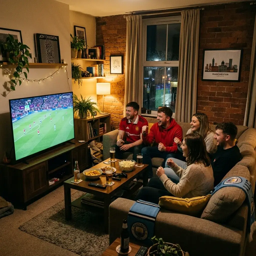 Manchester United and City football fans chatting together while watching a match at home