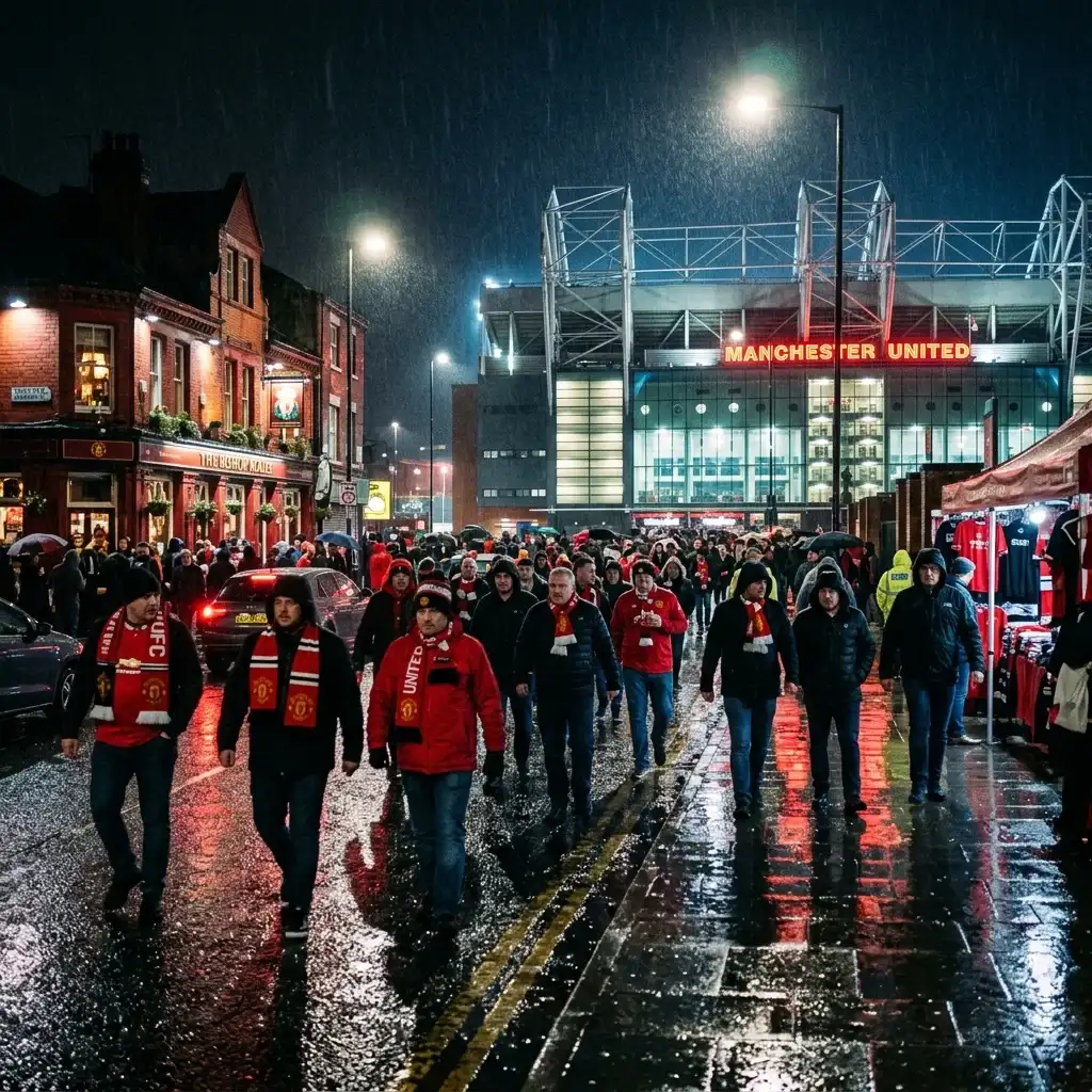 Football fans walking to Old Trafford stadium in the rain on Manchester matchday