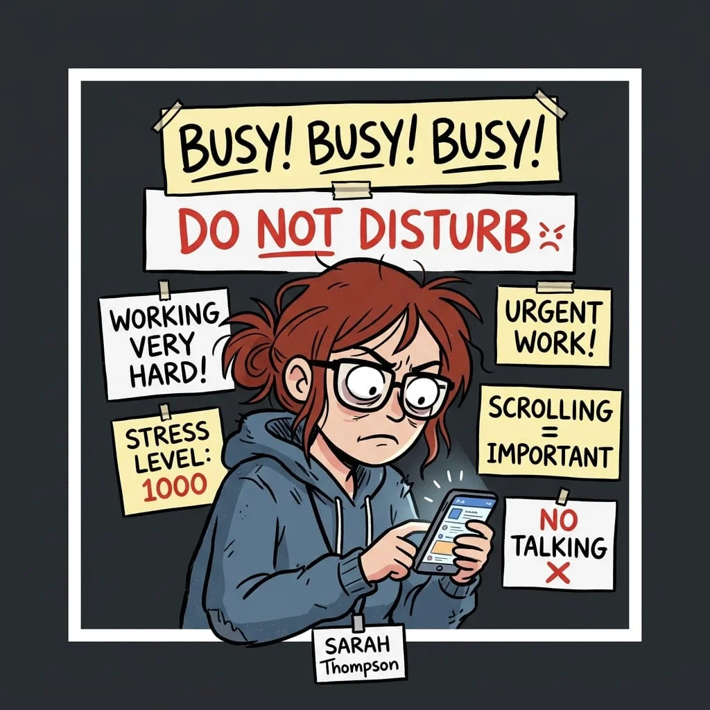 Cartoon illustration of a stressed woman in a blue hoodie scrolling on her phone, surrounded by post-it notes saying BUSY, DO NOT DISTURB, and URGENT WORK
