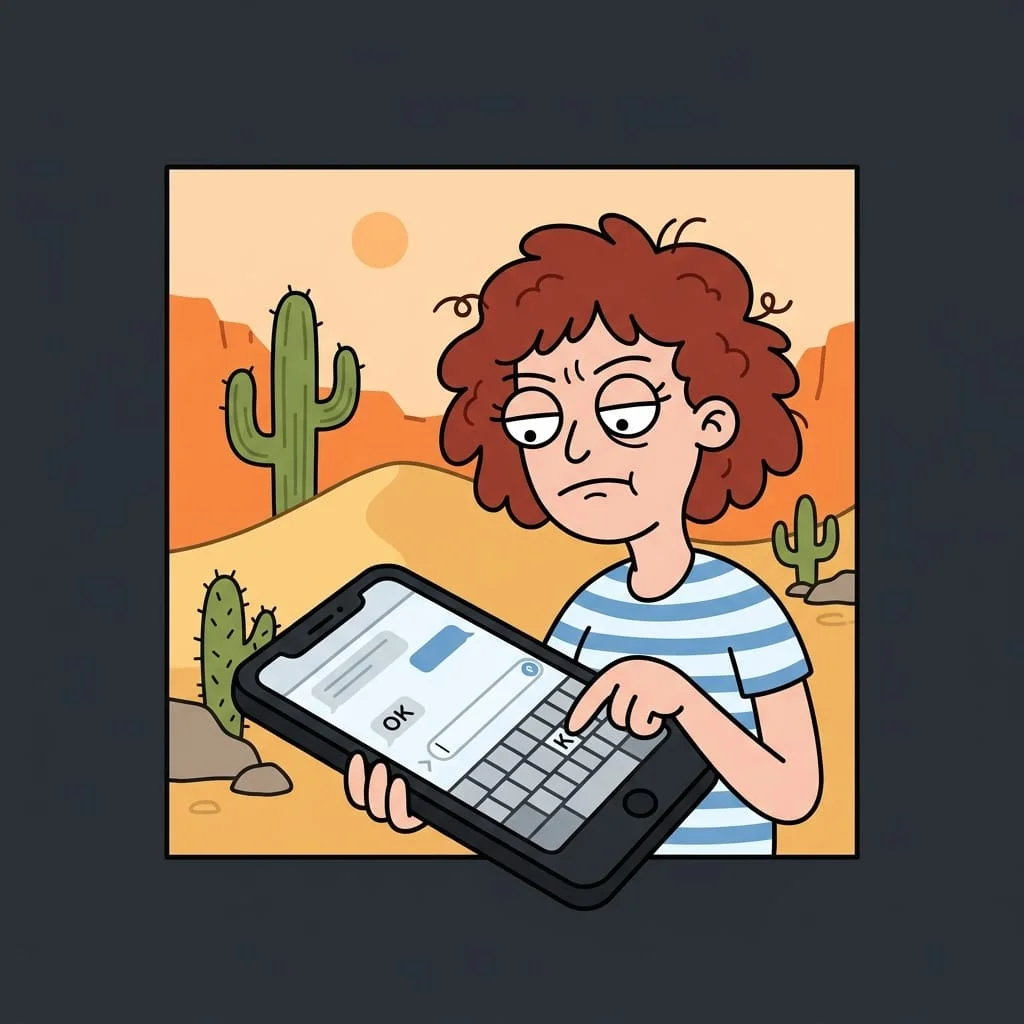 Cartoon illustration of a curly-haired woman in a sandy desert with cacti, looking unimpressed while typing a single letter K on a giant smartphone screen