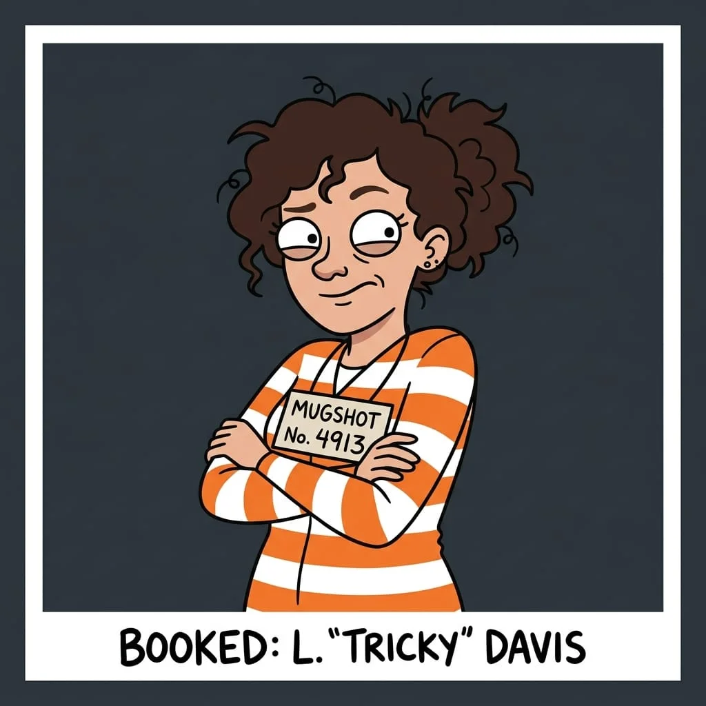 Cartoon Polaroid mugshot of a smirking woman with curly hair in an orange and white striped prison jumpsuit, holding a booking sign for L. TRICKY DAVIS