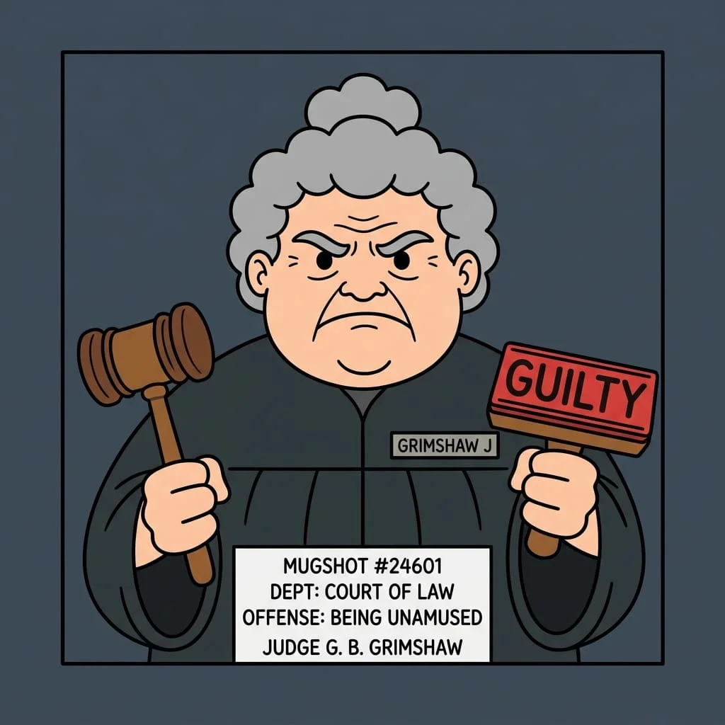 Cartoon mugshot of a scowling, grey-haired female judge named Judge G. B. Grimshaw, holding up a wooden gavel and a red stamp saying GUILTY