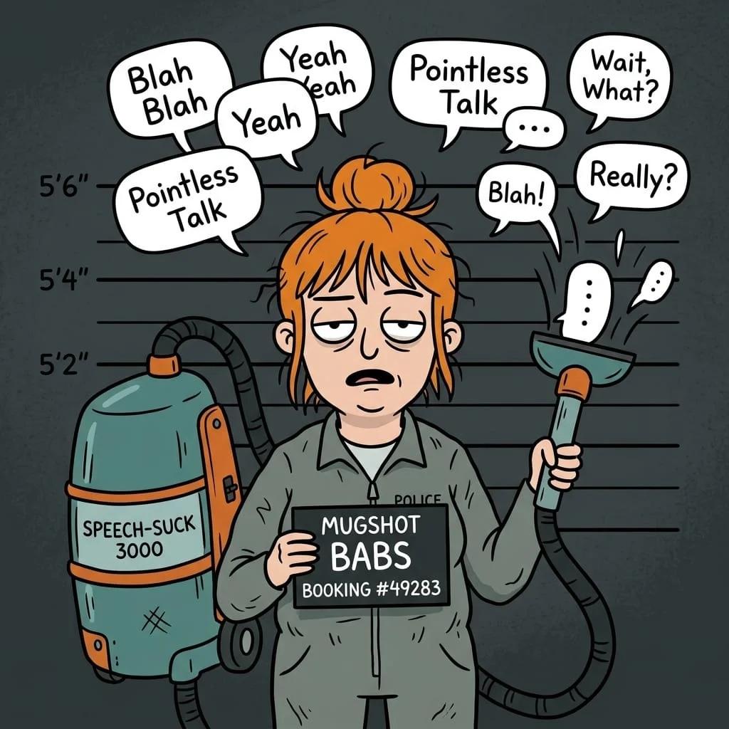 Cartoon style police mugshot of a red-haired woman in a grey boilersuit, holding a green vacuum nozzle that is actively sucking in word bubbles like Blah Blah and Pointless Talk