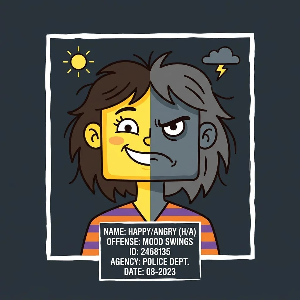 Cartoon mugshot of a woman split vertically down the middle: the left side is yellow and happy with a sun icon, and the right side is grey and angry with a storm cloud and lightning