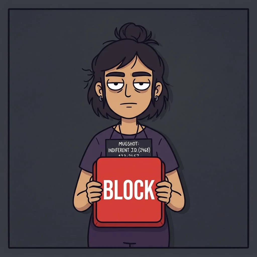 Cartoon mugshot of a young woman with dark hair in a messy bun and a bored expression, holding a large red button with the word BLOCK in white letters