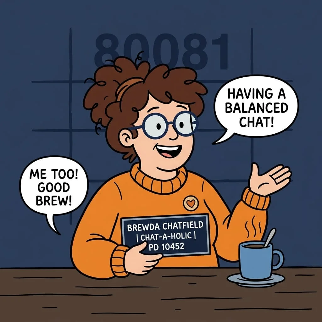 artoon mugshot of a smiling, friendly woman with curly hair and blue glasses, sitting at a table with a coffee cup and speech bubbles saying HAVING A BALANCED CHAT