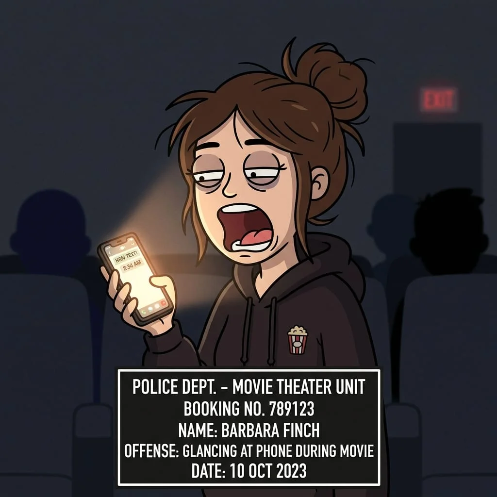 Cartoon style mugshot of a yawning, tired woman in a dark movie theater looking at a glowing smartphone screen displaying a new text message at 2:34 AM