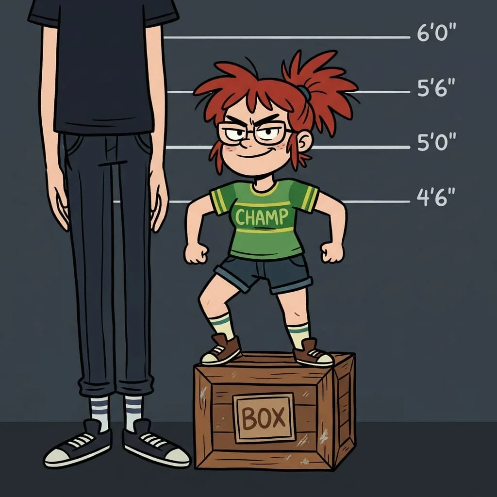 Cartoon mugshot of a short, smug red-haired girl wearing a green CHAMP shirt, standing on a wooden box to look taller next to a tall person