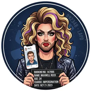 Cartoon style mugshot of a man wearing a wig and makeup, holding up a phone with a different profile pic, circular dark blue background
