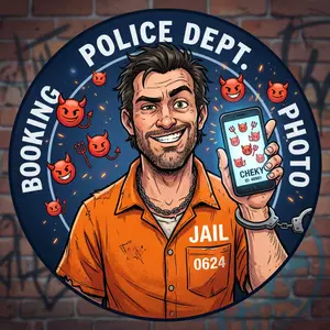 Cartoon style mugshot of a man with a cheeky grin holding a phone with red devil horns emojis around, circular dark blue background
