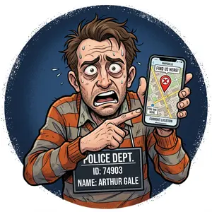 Cartoon style mugshot of a stressed man pointing at a smartphone map screen showing a location pin, looking desperate, circular dark blue background