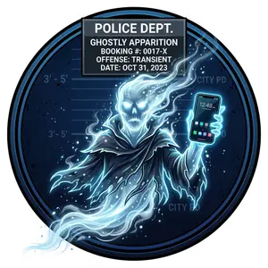 Cartoon style mugshot of a ghost-like figure fading away with a phone, circular dark blue background
