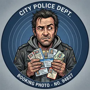 Cartoon style mugshot of a shifty man holding up multiple name tags and ID cards with different names, circular dark blue background