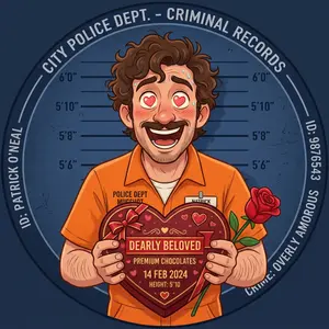 Cartoon style mugshot of a man with heart eyes holding a box of chocolates and a rose, looking overly passionate, circular dark blue background