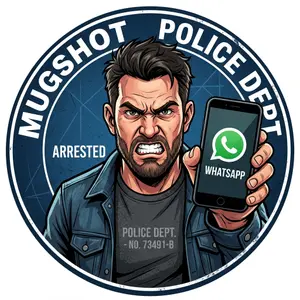 Cartoon style mugshot of a man aggressively holding up a phone with the WhatsApp logo, circular dark blue background