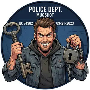 Cartoon style mugshot of a man holding a key and padlock, looking eager, on a circular dark blue background