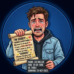 Cartoon style mugshot of a crying man showing a scroll of text filled with emojis, circular dark blue background