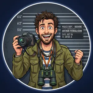 Cartoon style mugshot of a man holding a camera with binoculars around his neck, looking eager, circular dark blue background