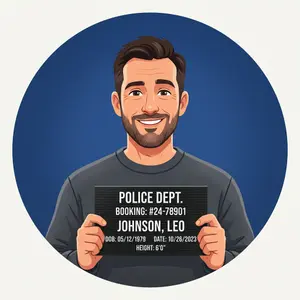 Cartoon style mugshot of a normal man with a friendly expression, circular dark blue background