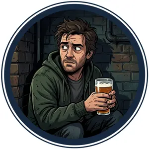 Cartoon style mugshot of a man hiding in a dark corner holding a single beer glass, circular dark blue background