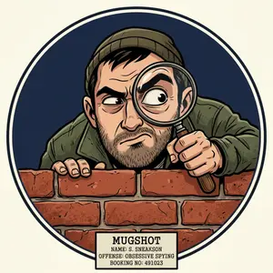 Cartoon style mugshot of a sneaky man peering over a brick wall with a magnifying glass, circular dark blue background
