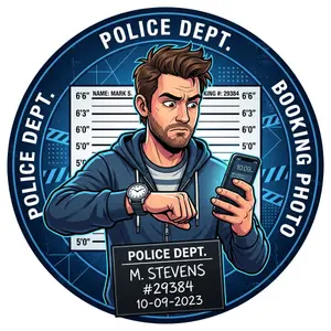Cartoon style mugshot of a man looking at a clock and a phone, circular dark blue background