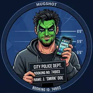 Cartoon style mugshot of a smirking man with green face paint holding a phone, circular dark blue background