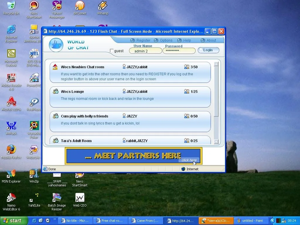 Windows XP desktop showing a 123 Flash Chat room list with login fields and room names
