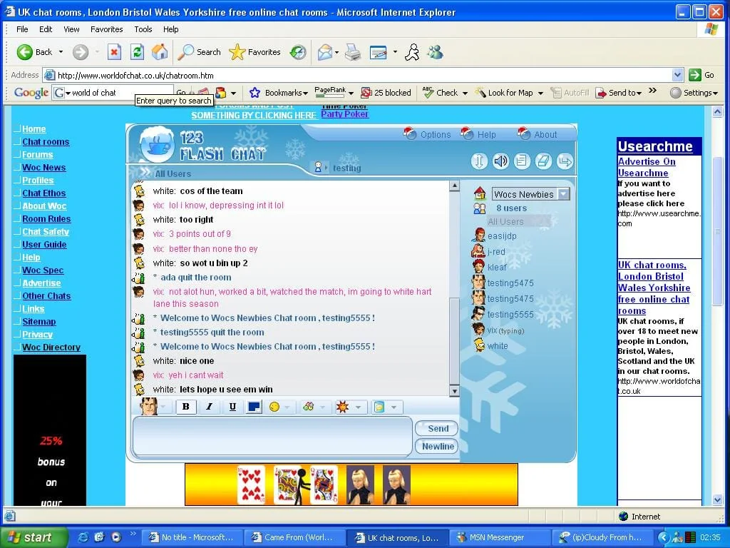 Internet Explorer page showing a 123 Flash Chat room inside an old World of Chat website layout